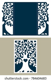 Two fold wedding invitation template with tree. Suitable for laser cutting. Lazercut tree card. Cut out wedding invitation template. Abstract frame with heart on the tree. Die cut gate fold card.