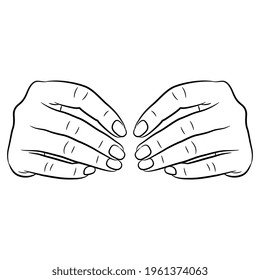 Two folded human hand. Front view. Cartoon style. Black and white linear silhouette.