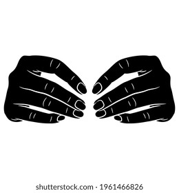 Two folded human hand. Front view. Cartoon style. Black and white silhouette.