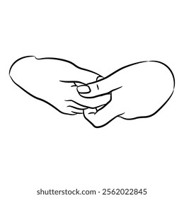 Two folded human hands. Cartoon style. Black and white linear silhouette.