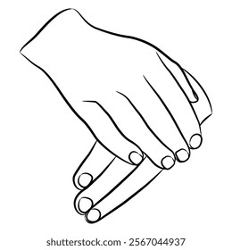 Two folded human hands. Gesturing design. Black and white linear silhouette. Cartoon style.