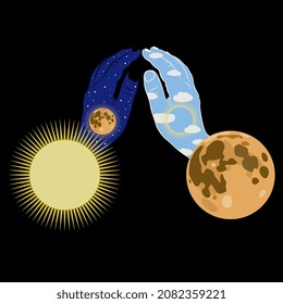 Two folded together human hands as starry night with full moon and sunny day. Creative concept. Balance of opposites. On black background.