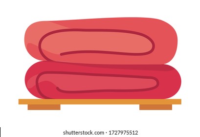 Two folded towels at shelf. Stack of folded textile, fabric or napkins. Vector illustration in cartoon style. Icon isolated at white background, using for websites, logo or apps. Fresh folded plaids