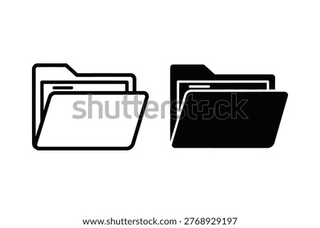 Two folder icons, one outlined and one solid black silhouette, represent open file folders. Ideal for concepts of data management, organization, and document storage in business and digital systems.