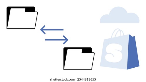 Two folders with left-right arrows, a cloud, and a shopping bag symbol. Ideal for data transfer, cloud storage, ecommerce, digital organization, and online business in minimalist vector style