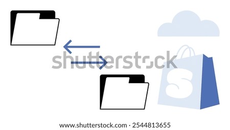 Two folders with left-right arrows, a cloud, and a shopping bag symbol. Ideal for data transfer, cloud storage, ecommerce, digital organization, and online business in minimalist vector style