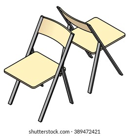 Two folding chairs in a back to back arrangement.