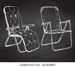 Two folding chairs hand drawn chalk on a chalkboard. Vector illustration in a sketch style