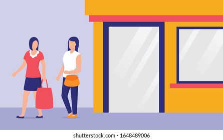 two foman walking exit leave after shopping holding shop bag discussion talking