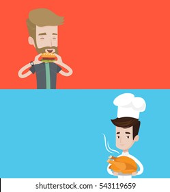 Two food banners with space for text. Vector flat design. Horizontal layout. Man with the beard eating hamburger. Happy man with eyes closed biting hamburger. Man is about to eat delicious hamburger.