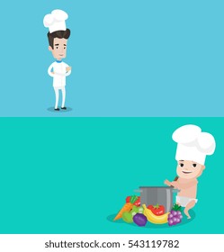 Two food banners with space for text. Vector flat design. Horizontal layout. Chief cooker in uniform and hat standing with arms crossed. Baby boy in chef hat standing near big pan with vegetables.