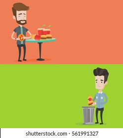 Two food banners with space for text. Vector flat design. Horizontal layout. Young man putting fast food into a trash bin. Man refusing to eat fast food. Man throwing away french fries and hamburger.