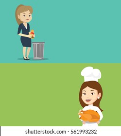 Two food banners with space for text. Vector flat design. Horizontal layout. Caucasian woman putting junk food into a trash bin. Woman refusing to eat junk food. Chief cook holding roasted chicken.