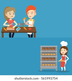 Two food banners with space for text. Vector flat design. Horizontal layout. Caucasian baker holding tray of bread in the bakery. Smiling baker standing near bread rack. Baker holding baking tray.