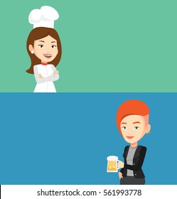 Two food banners with space for text. Vector flat design. Horizontal layout. Female caucasian cheerful chief cook in uniform and hat standing with arms crossed. Young confident female chef cook.