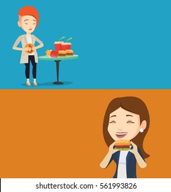 Two food banners with space for text. Vector flat design. Horizontal layout. Joyful woman eating hamburger. Happy woman with closed eyes biting hamburger. Young smiling woman is about to eat hamburger