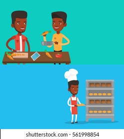 Two food banners with space for text. Vector flat design. Horizontal layout. Baker holding tray of bread in the bakery. Confident male baker standing near bread rack. African baker holding baking tray