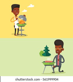 Dos carteles de comida con espacio para texto. Diseño plano vectorial. Diseño horizontal. Joven cocinando pollo en parrilladas al aire libre. Hombre preparando pollo a la parrilla. Hombre haciendo una barbacoa.