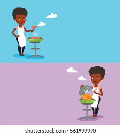 Two food banners with space for text. Vector flat design. Horizontal layout. Woman cooking steak on the barbecue grill. Young woman preparing steak on the barbecue grill. Woman having outdoor barbecue