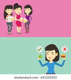 Two food banners with space for text. Vector flat design. Horizontal layout. Girl holding apple and hamburger. Girl choosing between apple and hamburger. Choice between healthy and unhealthy nutrition