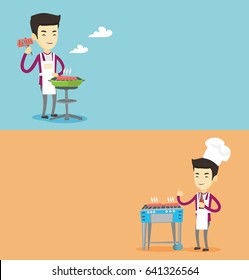 Zwei Lebensmittelbanner mit Platz für Text. Vektorflachdesign. Horizontales Layout. Junge Asiaten kochen Steak auf Grill Grill. Mann, der Steak auf Grill Grill im Freien vorbereitet. Mann mit Grill im Freien