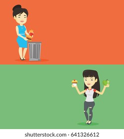 Two food banners with space for text. Vector flat design. Horizontal layout. Asian woman putting junk food into trash bin. Adult woman refusing to eat junk food. Woman throwing junk food. Diet concept