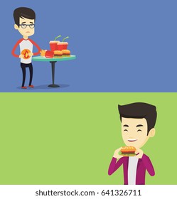 Dos carteles de comida con espacio para texto. Diseño plano vectorial. Diseño horizontal. Alegre asiático comiendo hamburguesa. Hombre feliz con ojos cerrados mordiendo hamburguesa. Joven sonriente está a punto de comer hamburguesa