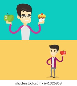 Dos carteles de comida con espacio para texto. Diseño plano vectorial. Diseño horizontal. Hombre asiático sosteniendo manzana y quequitos. Hombre eligiendo entre manzana y bizcocho. Elección entre nutrición saludable y no saludable