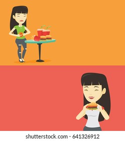 Two food banners with space for text. Vector flat design. Horizontal layout. Asian woman having stomach ache from heartburn. Woman suffering from heartburn. Woman having stomach ache after fast food.