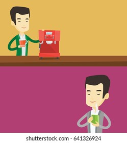 Two food banners with space for text. Vector flat design. Horizontal layout. Young asian man drinking hot flavored coffee. Man holding cup of coffee with steam. Man with closed eyes enjoying coffee.