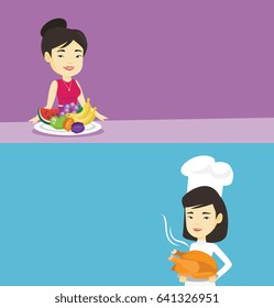 Two food banners with space for text. Vector flat design. Horizontal layout. Asian woman eating fresh healthy fruits. Woman standing in front of table with fresh fruits. Girl with plate full of fruits