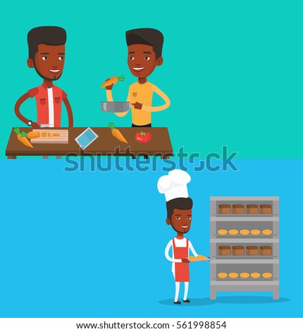 Two food banners with space for text. Vector flat design. Horizontal layout. Baker holding tray of bread in the bakery. Confident male baker standing near bread rack. African baker holding baking tray