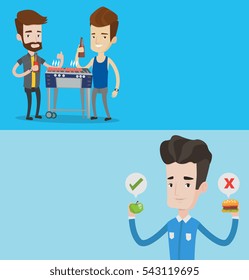 Two food and drink banners with space for text. Vector flat design. Horizontal layout. Friends preparing barbecue and drinking beer. Friends having fun at barbecue party. Men having outdoor barbecue.