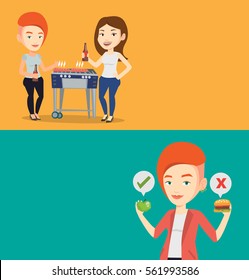 Two food and drink banners with space for text. Vector flat design. Horizontal layout. Friends preparing barbecue and drinking beer. Friends having fun at barbecue party. Women having outdoor barbecue