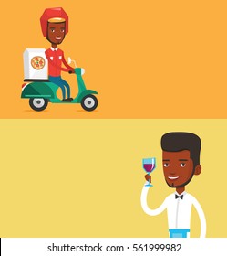 Two food and drink banners with space for text. Vector flat design. Horizontal layout. Man delivering pizza on scooter. Courier driving a motorbike and delivering pizza. Concept of food delivery.