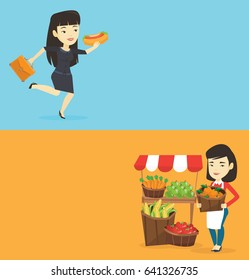 Two food and drink banners with space for text. Vector flat design. Horizontal layout. Woman eating hot dog in a hurry. Business woman eating on the run. Business woman running and eating hot dog.