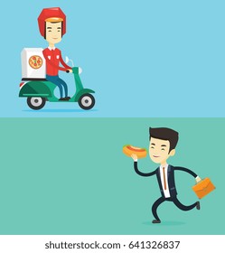 Two food and drink banners with space for text. Vector flat design. Horizontal layout. Asian man delivering pizza on scooter. Courier driving a motorbike and delivering pizza. Concept of food delivery