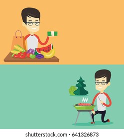 Two food and drink banners with space for text. Vector flat design. Horizontal layout. Asian man cooking steak on barbecue grill outdoors. Young smiling man sitting next to barbecue grill in the park.