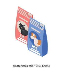 Two food packages for dogs and cats isometric color icon on white background vector illustration