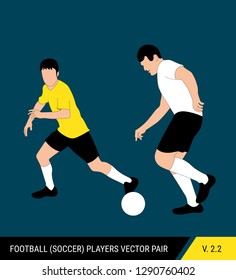 Two football opponents from different teams are fighting for the ball. Soccer players, the defender and attacker fight for the ball. Colorful vector illustration.