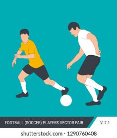 Two football opponents from different teams are fighting for the ball. Soccer players, the defender and attacker fight for the ball. Colorful vector illustration.
