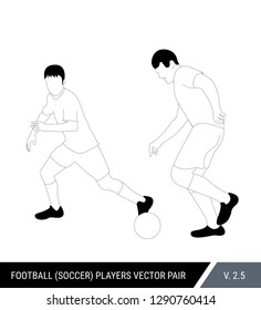 Two football opponents from different teams are fighting for the ball. Soccer players, the defender and attacker fight for the ball.  Outline silhouettes, vector illustration.