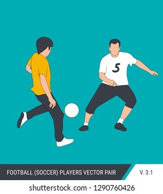 Two football opponents from different teams are fighting for the ball. Soccer players are fighting for the ball. Colorful vector illustration.