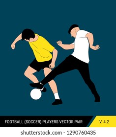 Two football opponents from different teams are fighting for the ball. Soccer players are fighting for the ball. Colorful vector illustration.