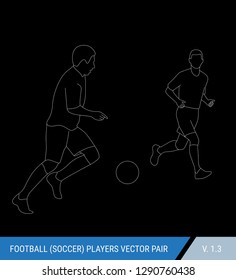 Two football opponents from different teams are fighting for the ball. Soccer players, the defender and attacker fight for the ball.  Outline silhouettes, vector illustration.