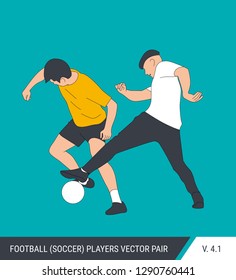 Two football opponents from different teams are fighting for the ball. Soccer players are fighting for the ball. Colorful vector illustration.