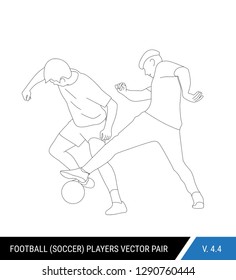 Two football opponents from different teams are fighting for the ball. Soccer players are fighting for the ball. Outline silhouettes, vector illustration. Can be used as a coloring books.