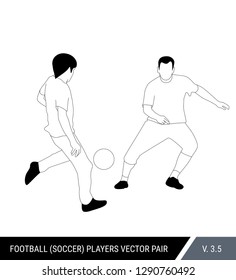 Two football opponents from different teams are fighting for the ball. Soccer players are fighting for the ball. Outline silhouettes, vector illustration. Can be used as a coloring books.