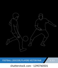 Two football opponents from different teams are fighting for the ball. Soccer players are fighting for the ball. Outline silhouettes, vector illustration. Black background with white silhouettes.