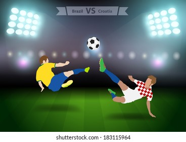 Two football players in jump to strike the ball at the stadium, Soccer players brazil versus croatia, Brazil 2014 group A Vector illustration modern design template 